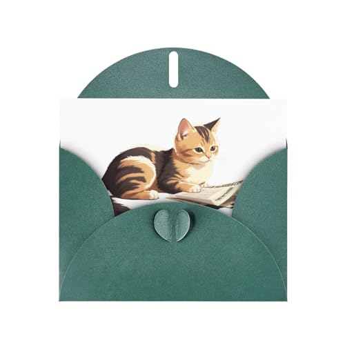 Biglietto di auguri perlato verde scuro con gattino MJHKXLJ che legge con attenzione il giornale, busta inclusa, perfetto per Natale, compleanni, San Valentino, matrimoni e molto altro ancora