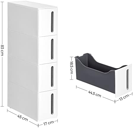 SONGMICS Wieża do przechowywania na kółkach, wąska kolumna kuchenna, 4-poziomowa półka plastikowa, oszczędność miejsca, 45 x 17 x 84 cm, biała i szara KFR008G01