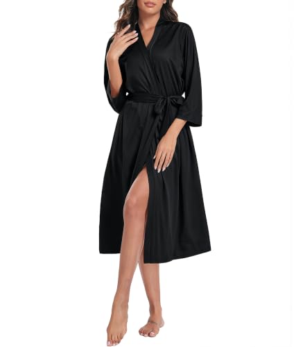 Image of Lovasy Dressing Gowns for Women UK Long Women's Robe Soft Ladies Kimono Dressing Gowns Lightweight Knit Bath Robes for Women Loungewear Nightwear with Pocket for All Seasons,Black,L
