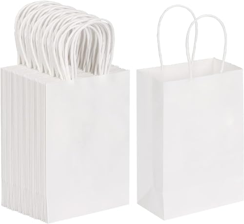 Image of Aakriti Kraft Paper Gift Bags With Handles - White Small Retail, Shopping, Birthday, Wedding Party Favor, Merchandise Bags | Size: 7x3.5x8.5 Inch (Pack of 100)