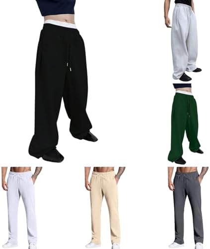 Sweatpants for Men Baggy Cotton Y2K Wide Leg Drawstring Fleece Waist Wide Leg Trousers Loose Pants with Pockets