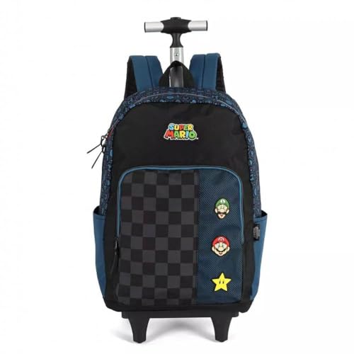 Mochila De Rodinha e Costas Super Mario Xadrez Azul Luxcel