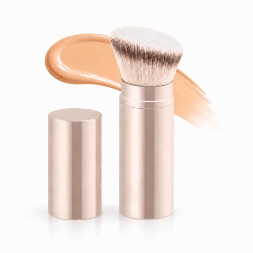 Brocha de Maquillaje Kabuki Retráctil con Cabezal Plano, Color Champán, para Base, Colorete, Polvos, Iluminador y Productos Líquidos o en Crema, Cerdas Suaves, Formato Compacto de Viaje