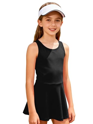 FEESHOW Racerback Tennis Dress for Girls Sleeveless A-Line Athletic Workout Dress Golf Sports Dresses Black 10-11 Years