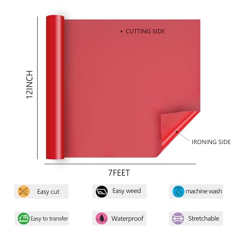 Image of RENLITONG 3D Puff HTV Matte Heat Transfer Vinyl Roll 12 inch x 7ft Iron on for Heat Press T Shirt for All Cutter Machine Heat Vinyl Design (7ft, 3D Puff Red)