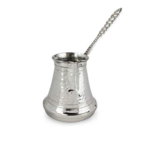 Turkish Coffee Pot: Cezve Silver Plated Copper Stovetop Coffee Pot for Turkish Coffee | Ibrik Arabic Coffee Pot with Handle | Handmade Ottoman Hammered Copper Pot | 6 Servings