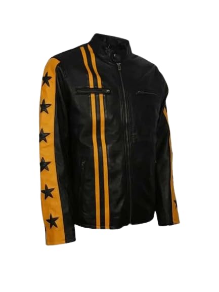 Mens Cafe Racer Yellow Star Black Leather Jacket2