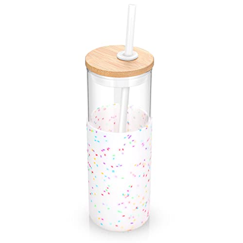 Tronco 28 oz Glass Tumbler with Lids and Straw, Reusable Iced Coffee Cup & Smoothie Cup with Bamboo Lid, Silicone Sleeve, Dishwasher Safe, BPA-Free Borosilicate Glass, 1 Pack Colored spots 2