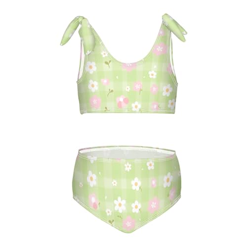 KLL Pink White Check Cute Girls' 2 Piece Bikini Sets Scoop Neck Swimming Swimsuit Bathing Suit