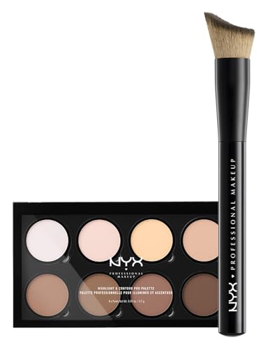 NYX Professional Makeup Pro Palette Highlight e Contour Illuminanti e Bronzer 8 Tonalità per Illuminare e Scolpire il Viso + Pennello Total Control Drop con Setole Angolate Curvate - Set da 2