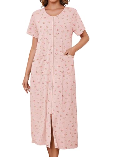 Image of Bloggerlove Zipper Front Robes for Women House Coat Half Sleeve Loungewear Long Nightgown with Pockets S-3XL