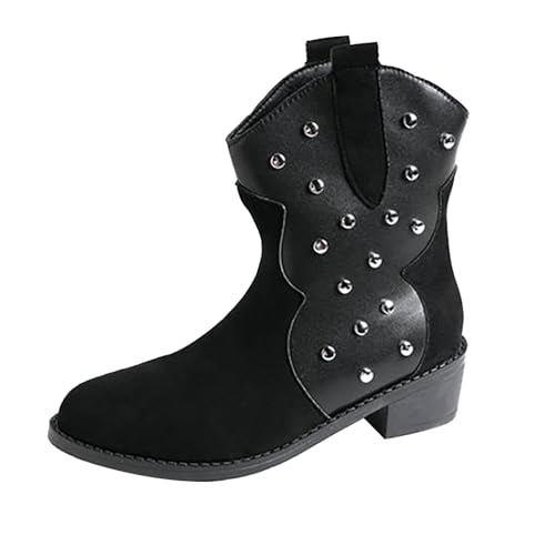 Damen Cowboy Stiefeletten Leder, Westernstiefel Mit Nieten Niedrig Absatz Halbstiefel Kurzschaft Reitstiefel Spitzer Schlupfstiefel Pu-Leder Chelsea-Stiefel Motorrad-Stiefel Biker Boots
