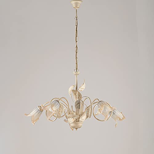 Lampadario Classico 5Luci Foglie In Ferro Battuto Vetro Avorio Oro Serie Limone