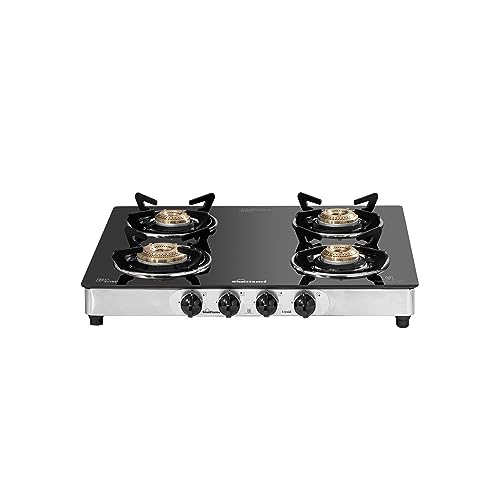 Sunflame Crystal 4 Burner Gas Stove | 1 Jumbo, 1 Medium and 2 Small Brass Burners | 2 Year Product...