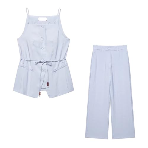 Ensemble femme été débardeur bleu et pantalon pour terrasse et vacances
