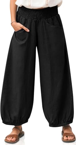 TARSE Womens Linen Wide Leg Pants Casual Loose Elastic Waisted Barrel Beach Palazzo Pants with Pockets