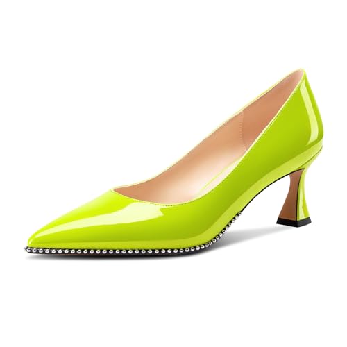 Image of TNYNFBEB Womens Mid Kitten Heel Pointed Toe Pumps Slip-on Silver Beaded Prom Party Dress Patent Leather 2.6 Inches Heels