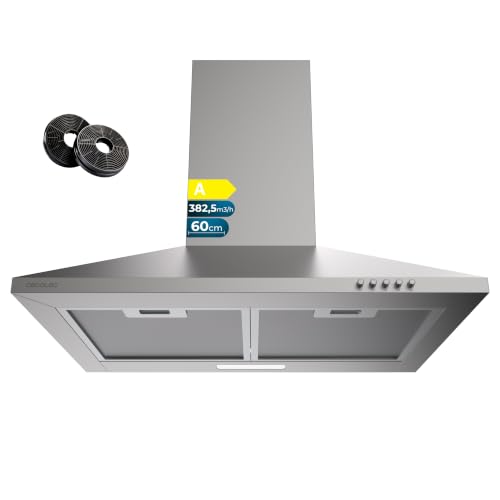 Cecotec Campana Extractora Piramidal 60 cm Bolero Flux PM 604000 Inox A. Acabado Inox, Succión 382,5 m³/h, 3 Velocidades, Filtros de Carbono Incluidos, Clase A, Motor BLDC y Luz LED