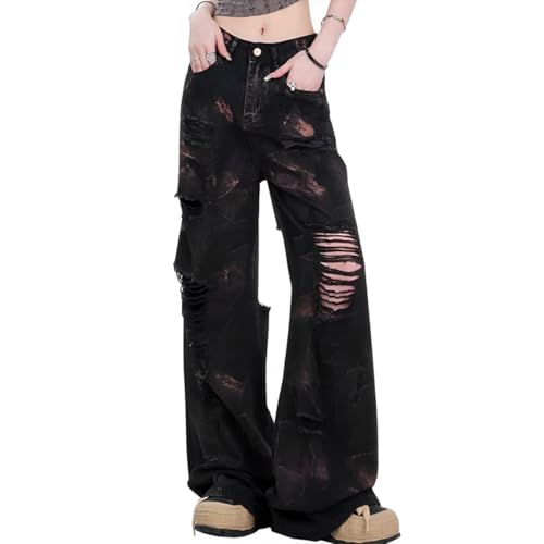 Fashion Harajuku High Waisted Straight Leg Denim Pants Y2K Vintage Ripped Fringe Tie-Dye Streetwear Jeans