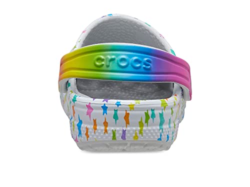 Image of Crocs Kids Classic Clog Seasonal Graphic for Toddler - Thermoplastic Upper with Jibbitz Charms, and Pivoting Heel Strap Shimmer /Multi Disco Party 4 Toddler M