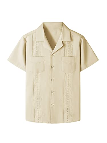 Boys Guayabera Shirts Cuban Short Sleeve Tops Casual Button Down Beach Shirt Spread Collar Solid Summer Blouse Khaki #TOP10