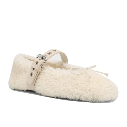 Women's Fur Ballet Flats with Bows Adjustable Strap Round Toe Slip On Flat Shoes Casual Buckle Leather Ballerina Winter Flats Fashion Cream Fur Mary Jane