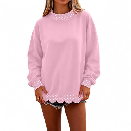 Womens Mock Neck Sweatshirt Scalloped Edge Patchwork Polka Dot Hoodie - image 1