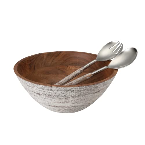 Folkulture Salad Bowl Or Wooden Bowls With Matching Servers, Wooden Salad Bowl Or Large Bowl In 3 Colors, 12" D X 5" H, Acacia Wood, Wood Bowl Or Large Bowl, Wooden Salad Bowl Set, Whitewash #TOP13