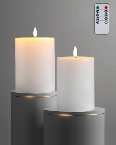 Image of Gmnee 3 inchx4 inch Flickering Flameless Candles with Remote Timer, Real Wax, White | 2 Pack 3 inch Diameter Extra-Large Pillar Candles, LED Candles, Battery Operated Candles for Table and Fireplace Decor (H 4 inch)