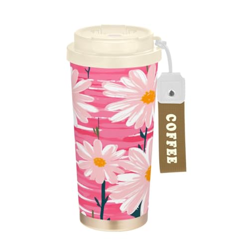 Taza de viaje aislada al vacío, tazas de café reutilizables de margarita, taza de café de acero inoxidable de doble pared a prueba de fugas con tapa para bebidas frías y calientes (500 ml)