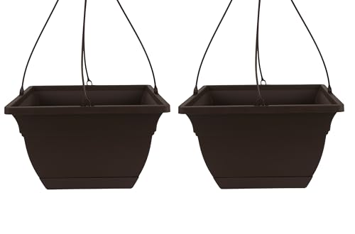 The HC Companies Eclipse Square Hanging Planter for Indoor Plants - Contemporary Hanging Plant Pot w/Attached Saucer - Lightweight & UV-Resistant Hanging Plant Holder (12" Chocolate, Pack of 2)