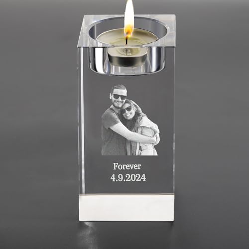 Personalisierbarer Kerzenhalter, 3D-Kristall-Foto-Kerzenhalter, Foto Kerzenhalter mit Bild, Glas Teelicht, Gedenkgeschenke, graviertes Foto Text Dekoration für Verlust Liebe