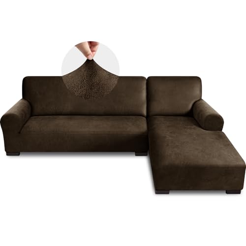 Pfrstuv Sectional Couch Covers, Leather Look Sofa Cover L Shape 2PCS Soft Stretch Slipcover for Sectional Sofa, Non Slip Furniture Protector (3 Seat Sofa + 3 Seat Left Chaise, Coffee)