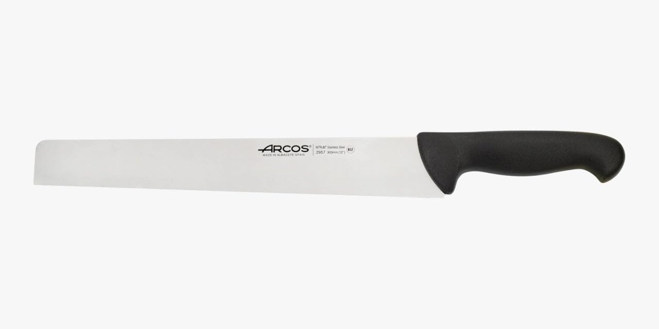 Arcos Salami Knife 12 Inch Nitrum Stainless Steel and 300 mm blade. Ergonomic Polypropylene Handle. Series 2900. Features different handle colors to make it easier for each food group. Color Yellow.