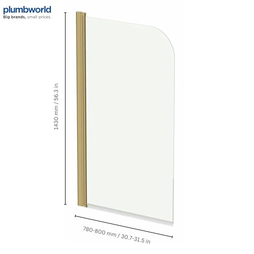 1430 x 800mm Brushed Brass Gold Over Bath Shower Screen Folding Hinged Door Glass Panels & Screens for Baths, Bathroom Frameless Curved Design, 6mm Toughened Safety Glass, 180° Pivot