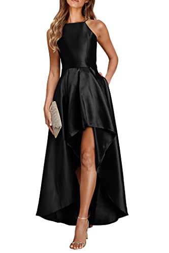 Prettygarden Women's Summer Long Formal Dresses Sleeveless Halter Neck High Low Maxi Satin Prom Dress Evening Gowns (Black,Medium) #TOP9