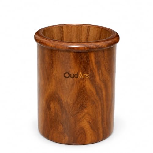Image of Wood Knife Stand /Holder - Empty Wood Knife Box /Knife Organizer for Kitchen Cutlery, Scissors, and Spoons (Brown, Round Utensil Holder)