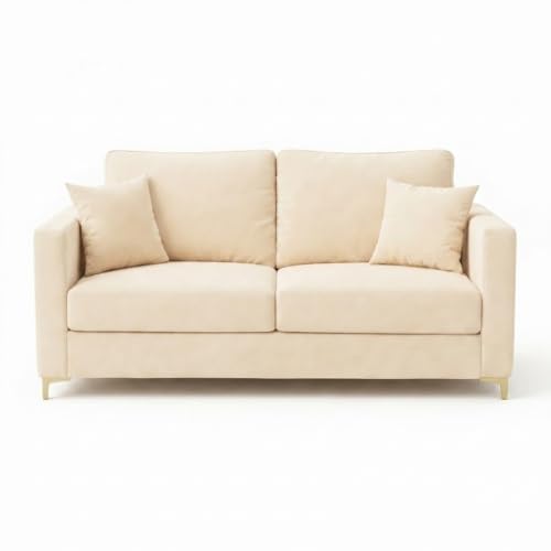 Image of Hayes Rich Velvet Suede 3 Seater + 2 Seater Sofa | Golden Aesthetic Legs | 6 Person Seating Capacity | Spacious Soft Touch Comfort | Modern Living Room Sofa (Cream)