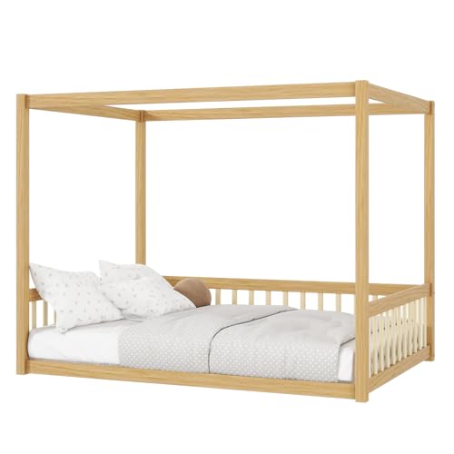 Image of Full Size 4-Posters Canopy Bed Frame with Fence Guardrails, Rubber Wood Montessori Floor Platform Bed for Kids Teens Girls Boys, No Box Spring Needed (Natural-02)