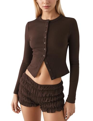 MISSACTIVER Womens Long Sleeve Button Down Crop Tops Crew Neck Ribbed Knit Lightweight Cardigan Shirts Fall Slim Fit T Shirt