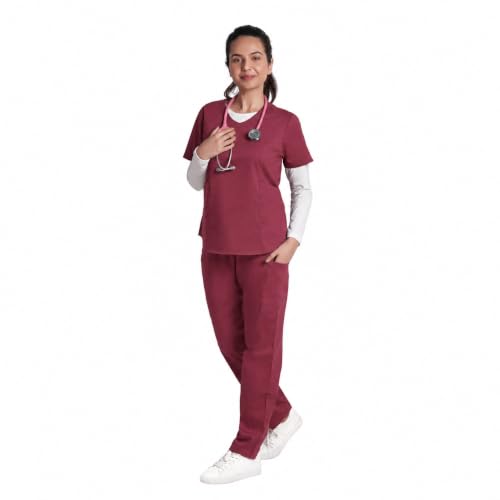 Image of Lite V-Neck 6-Pocket Women's Cotton ScrubSuit | Moisture-Wicking, Anti-Stain & Odor Protection | Classic Fit Top & Pant | All-Day Comfort for Doctors & Students Royal Plum (XS)