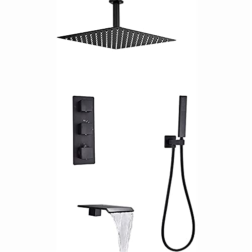 Système de douche thermostatique anti-brûlure avec mitigeur cascade noir mat complet