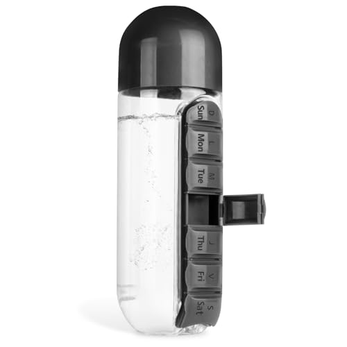 Medicine Box Water Cup,2 in 1 Water Bottle Medicine Box Storage Box,20 oz Daily Sports Water Bottle with Pill Box Organizer 7 Days Capsule Organizer, Black