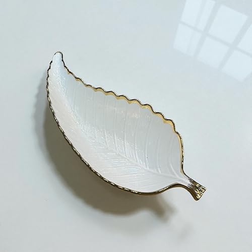 Image of Ceramic Long Leaf Shaped Serving Bowl with Golden Rim | Decorative White Glossy Bowl for Dining Table, Snacks, Fruits & Home Decor | Premium Ceramic Gift Bowl - 1 Pc