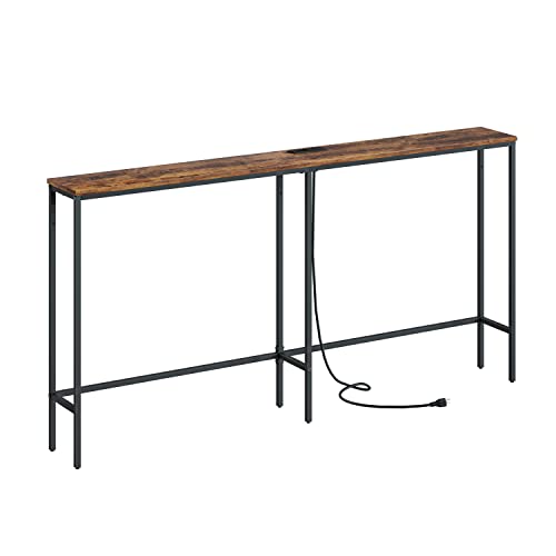 Image of Masupu 63 Inch Console Table with Power Outlet,Modern Narrow Long Sofa Table Behind Couch,Skinny Entry Table with Gold Metal Frame for Entryway,Living Room, Hallway,Rustic Brown