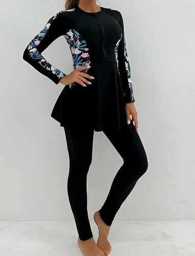 AGYMNX Muslimischen Bademode Damen Lange �rmel Volle Abdeckung Muslim Badeanzug Zwei St�ck Runder Hals Gedruckt Swimsuit Bademode Badehose Strandkleidung Schwarz mit blauen Bl�ttern M
