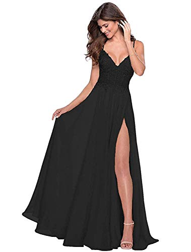 KaBuNi Women's Long Prom Dresses Slit 2022 V-Neck Lace Appliques Spaghetti Straps Chiffon Formal Party Gowns Black-12