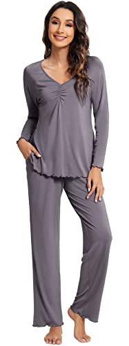 Wiwi Womens Bamboo Pajamas Set Long Sleeve Top With Pants Sleepwear Soft Knit Pajama Pjs Loungewear S-Xxl, Dark Grey, Medium #TOP15