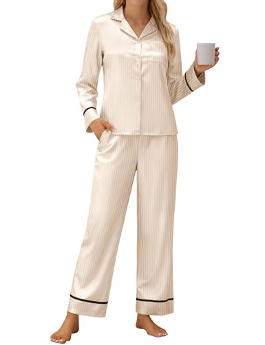 Blooming Jelly Women's Silk Satin Pajamas Long Sleeve Button Down 2 Piece Lounge Set Striped Loungewear Sleepwear