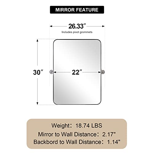 Andy Star Chrome Metal Frame Pivot Rectangular Bathroom Mirror, 20" X 30" Polished Nickel Tilting Rounded Rectangle Vanity Mirrors Stainless Steel Pivots Vertically Only (Overall 24.33" X 30") #TOP6